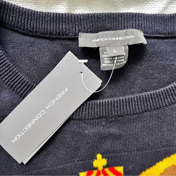 French Connection Sweater Corgi Dog Women's Size Large Navy Blue Crewneck - Picture 6 of 6